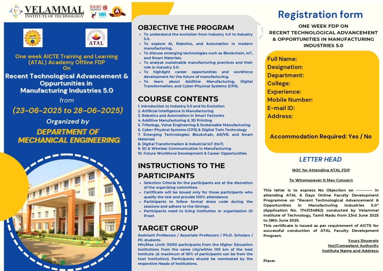 One week ATAL FDP on Recent Technological Advancements & opportunities in Manufacturing Industries 5.0